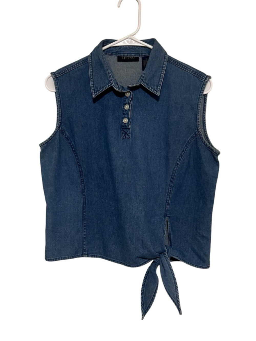 Vintage Life Style Sleeveless Denim Shirt Women’s Large Tie Front Classic 90s